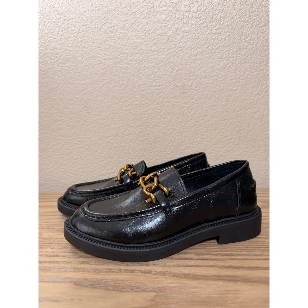 Steve Madden Karmine Black Leather Gold Chain Lug Sole Loafers Womens 7.5